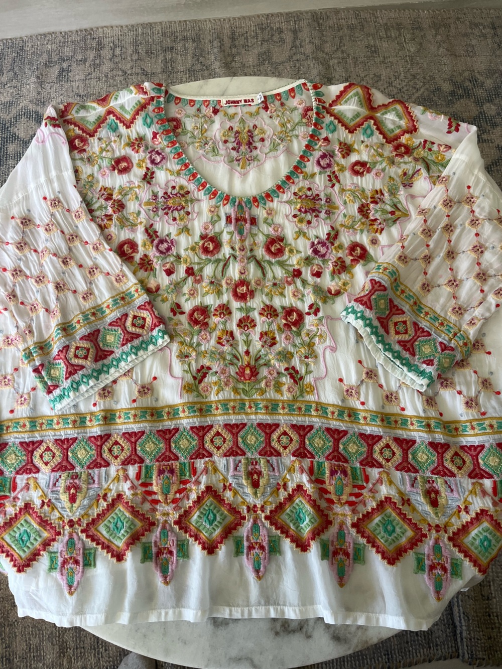 Johnny Was White sandra, Floral Multicolor Embroidered Tunic Sz L , shear white - Picture 4 of 11